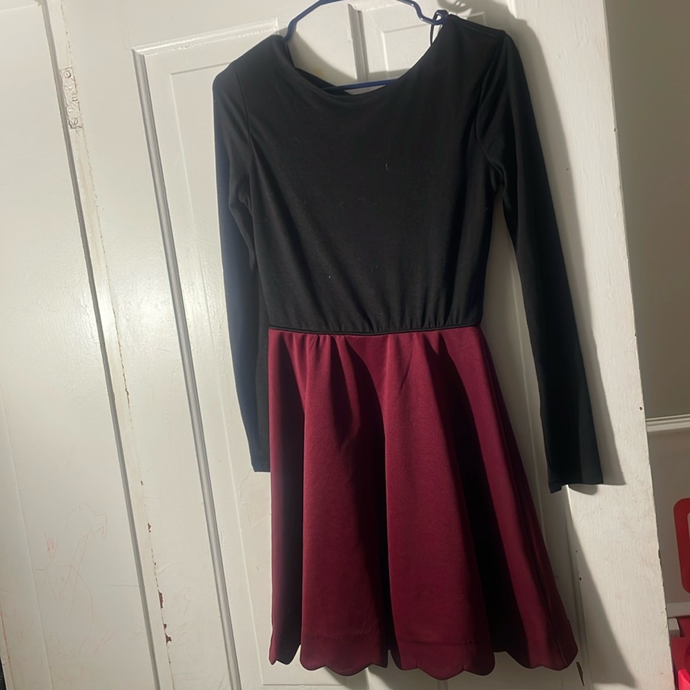 Long sleeve black and maroon flare dress